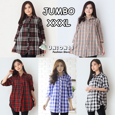 UNION11 - KEMEJA JUMBO XXXL WANITA / ATASAN BIG SIZE WANITA KEKINIAN / ATASAN JUMBO WANITA LD 120 / KEMEJA KOTAK WANITA