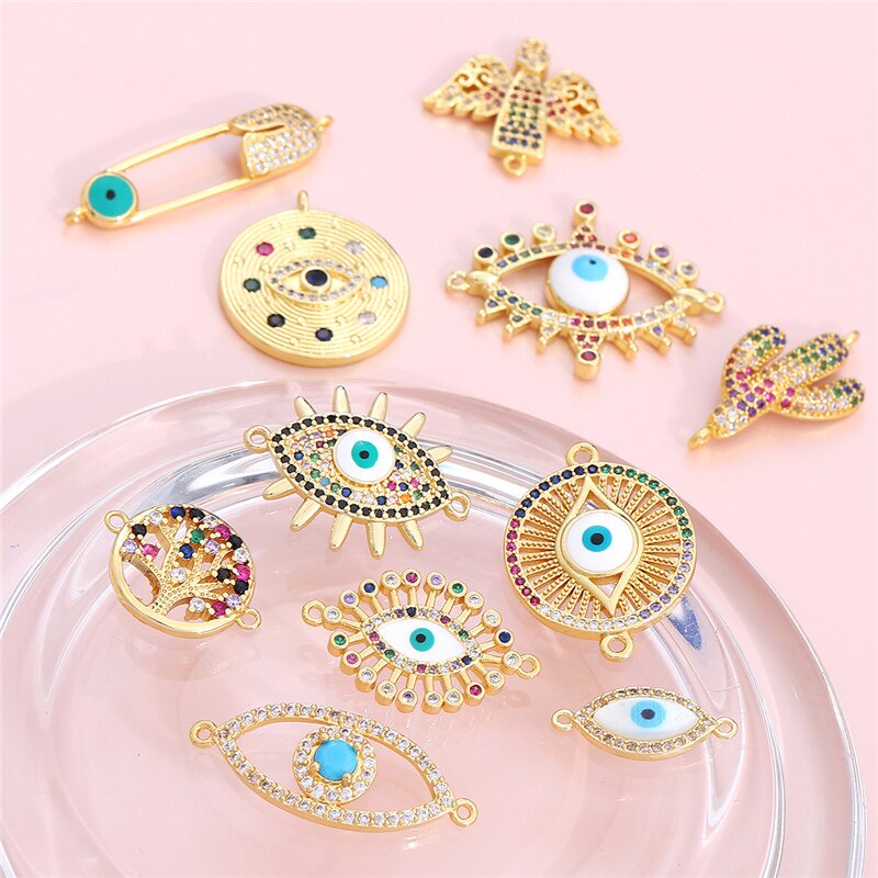 15Style Copper Evil Eye Cross Zircon Gold Plated Hollow Connector Charms For Bracelets Bohe Earrings Making DIY Jewelry Findings