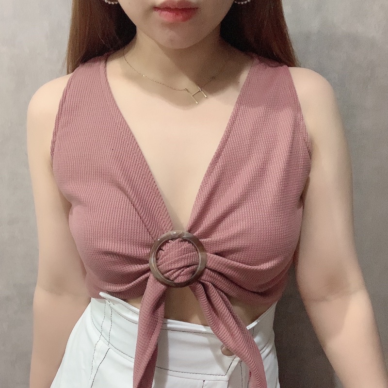 O Ring Crop Top | Atasan Wanita Sexy Vneck Korean Fashion | Maimon Grosir