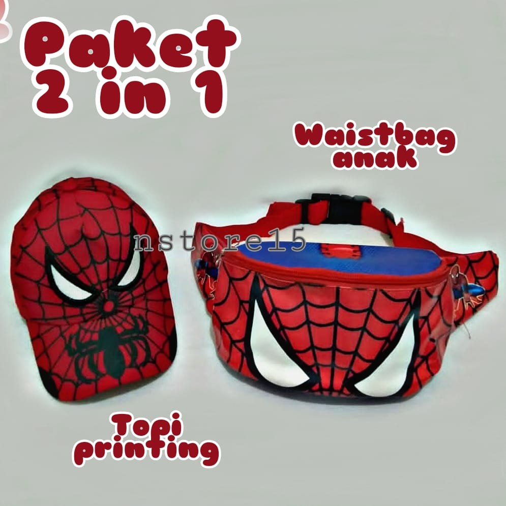 [BIG SLE] WESTBAG ANAK PAKET 2IN1 WAISTBAG ANAK MOTIF KARTUN DAN TOPI PRINTING PAKET 2 IN 1 WAISTBAG ANAK DAN TOPI ANAK SPIDERMAN