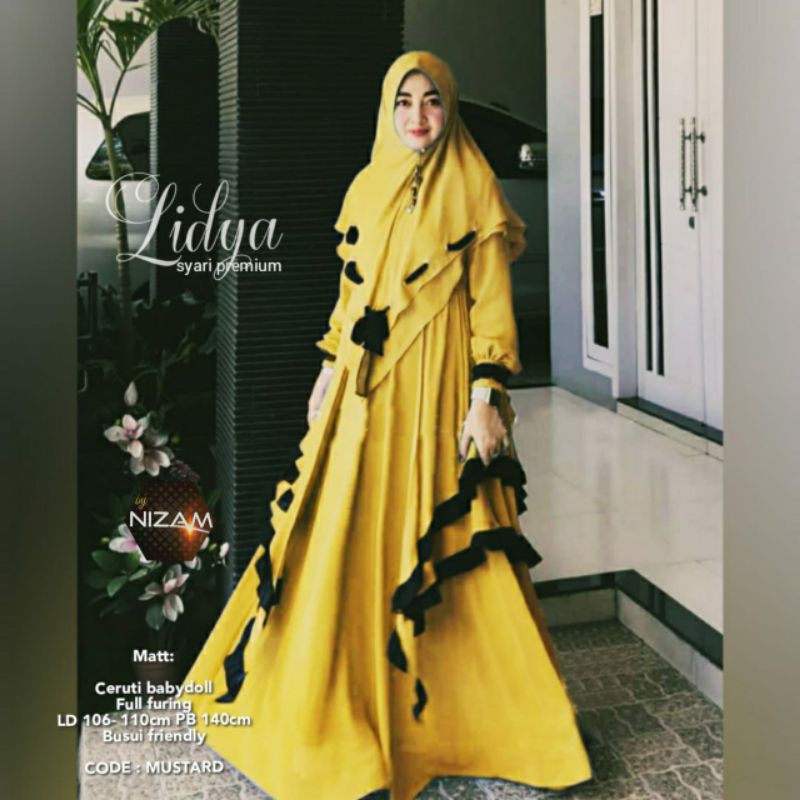 GAMIS SYARI LIDYA, CANTIK DAN ANGGUN ORIGINAL NIZAM, CERUTY BABYDOLL FULL FURING, + KHIMAR, BUSUI