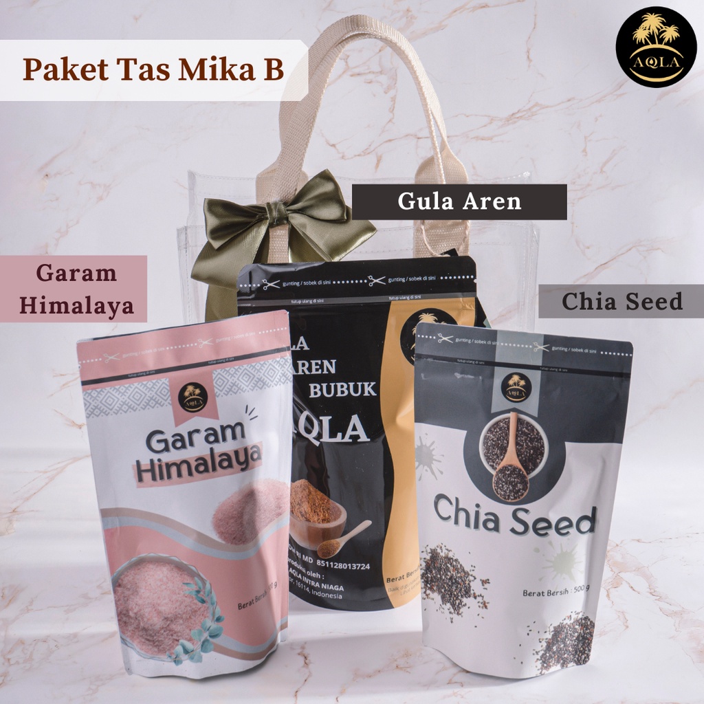 Paket Cemilan Sehat isi 3 Pouch Kismis Kacang Almond Gula Aren Bubuk Chia Seed Garam Himalaya Premium + TAS