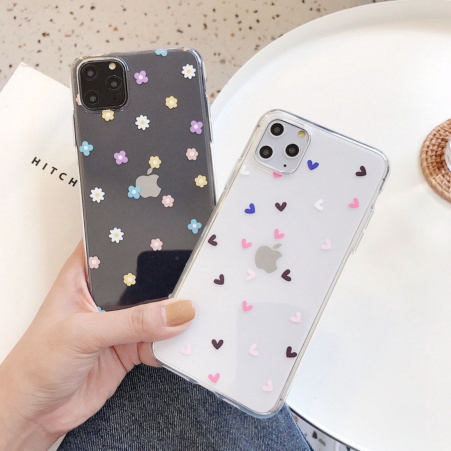 Soft Case Cover Belakang Transparan Motif Bunga Hati untuk iPhone 11 x XS Max XR 6 6S 7 8 Plus