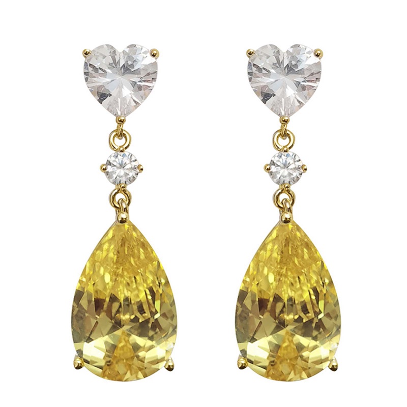 Anting Drop Cubic Zirconia Bentuk Pir Warna Kuning Untuk Wanita