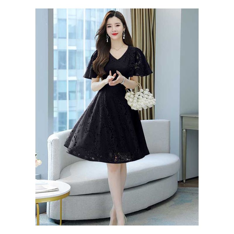 Dress wanita Brukat warna hitam kerah v Korea lengan pendek elegant