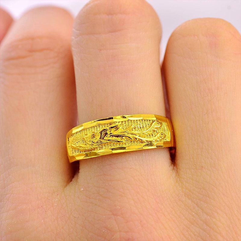 Tembaga Murni Berlapis Emas Pernikahan Naga Dan Phoenix Cincin Terbuka Untuk Pria Dan Wanita Pasangan Cincin Pasir Imitasi Emas
