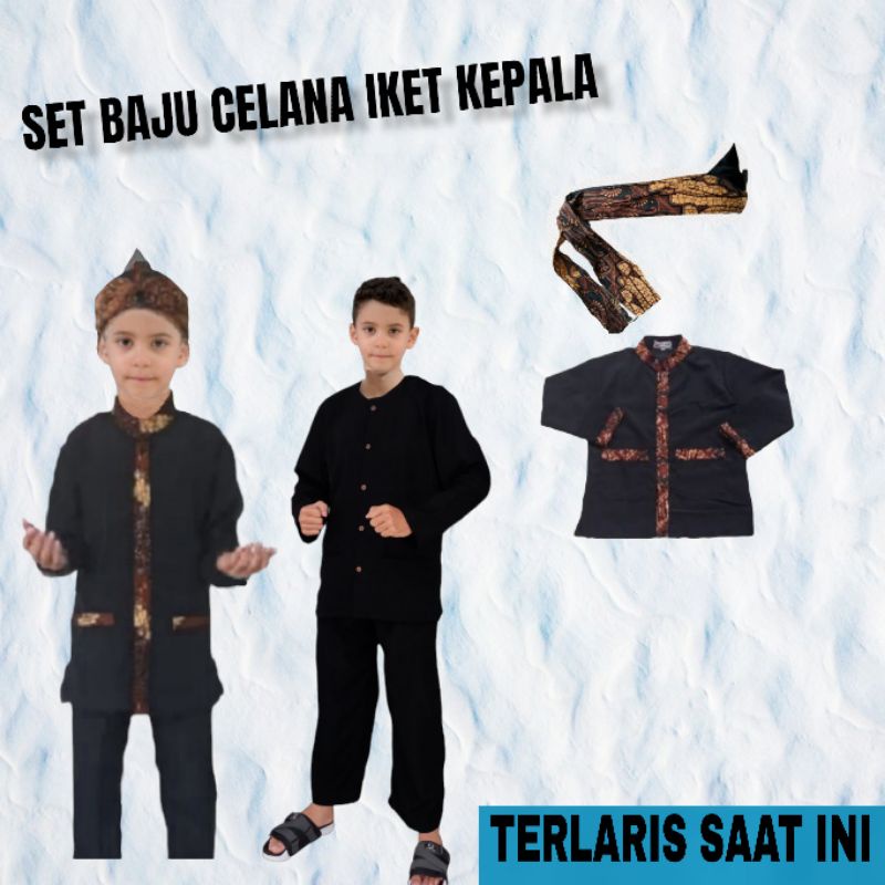 Setelan baju pangsi anak polos dan motif batik TK dan SD plus iket kepala untuk anak 3-12 tahun