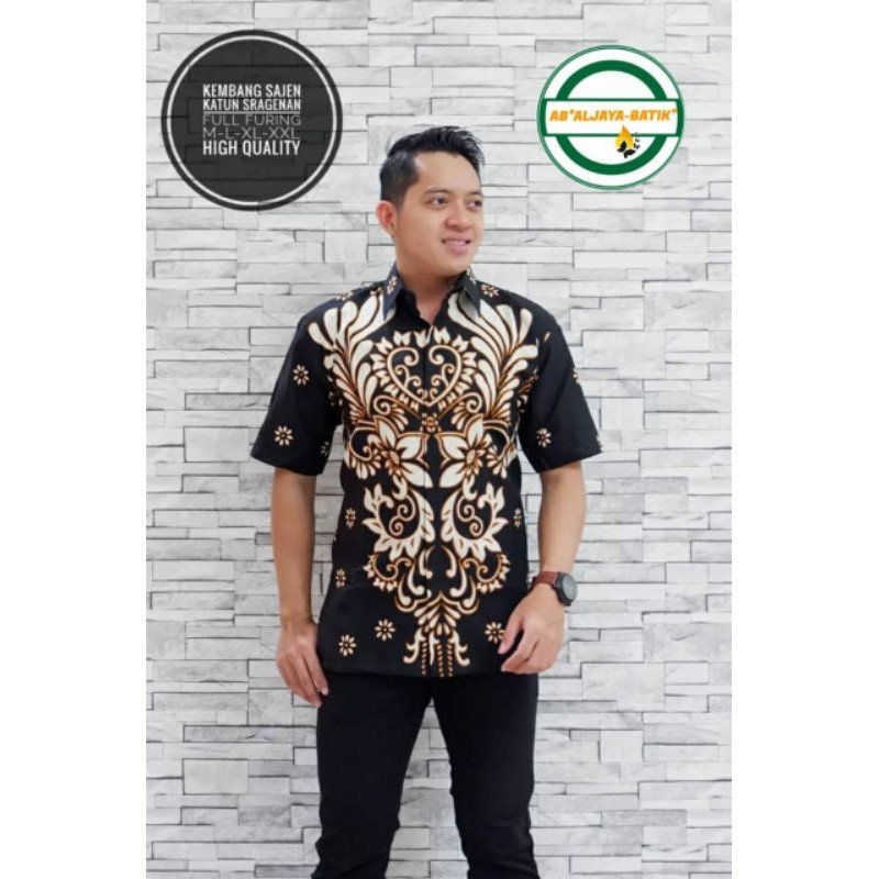 Kemeja Batik Lengan Pendek Pria Batik Pria Hitam Lengan Pendek KEMBANG SAJEN