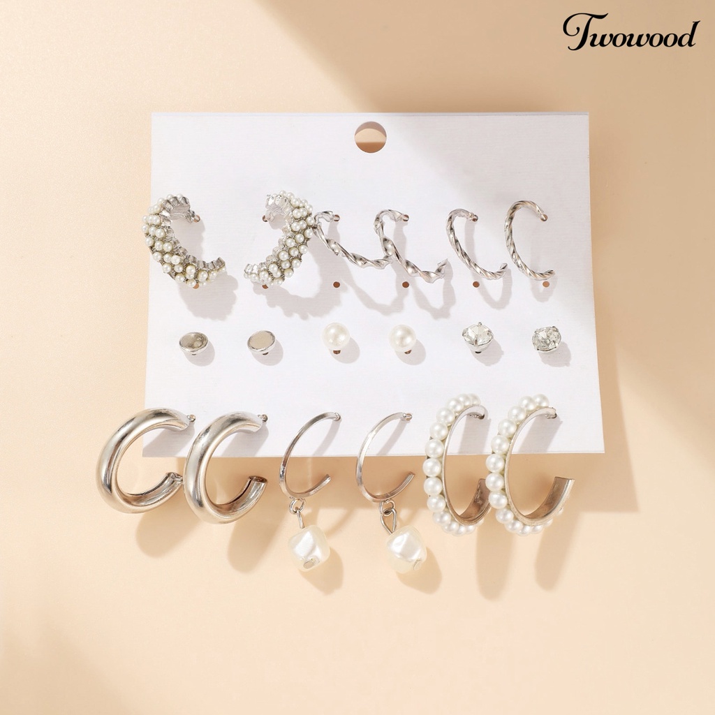 1 Set Anting Hoop Bentuk Bulat Geometris Aksen Mutiara Berlian Imitasi Untuk Wanita