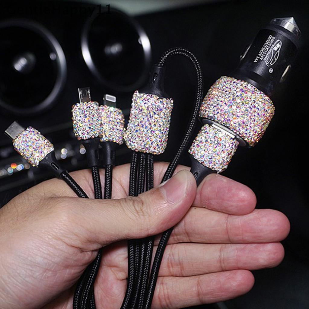 Gentlehappy Kabel Charger Dual Port USB Aksen Berlian Imitasi Bling Untuk Mobil