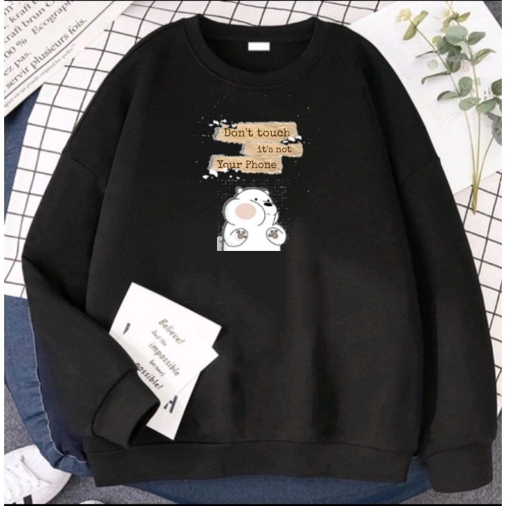 Jaket Sweater Crewneck Pria/Wanita Distro Putih Motif Panda Lucu Switer Crewneck Basic Tanpa Kupluk