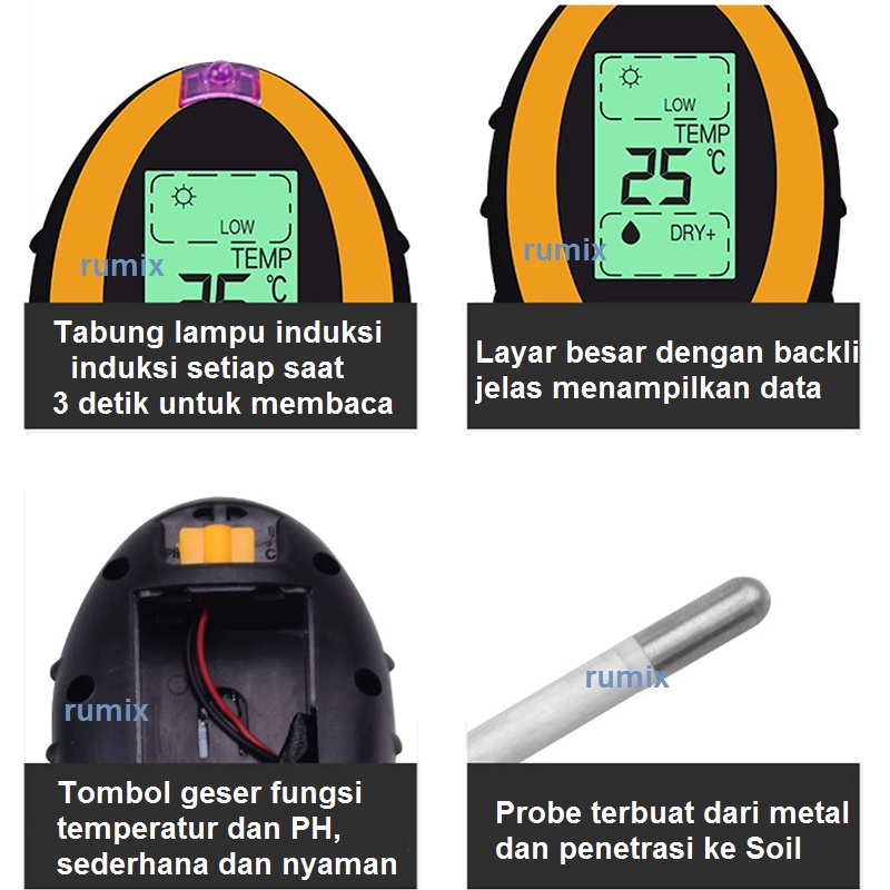 Soil Analyzer Tanah Tester Meter Moisture Meter PH Meter Sunlight Meter Suhu Alat Ukur 3 in 1 4 in 1