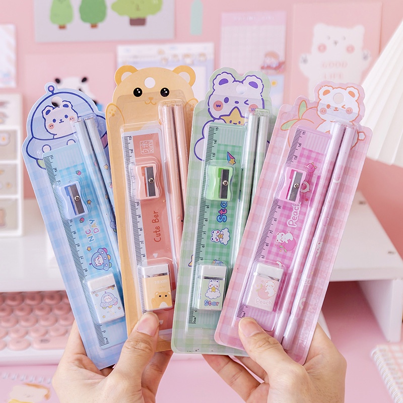 Set Alat Tulis Lucu Imut - Rautan Penghapus Penggaris Pensil