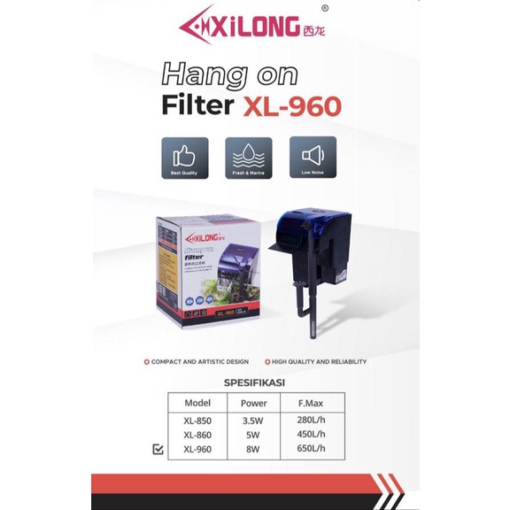 FILTER GANTUNG AQUARIUM 8 W HANGING FILTER PLUS SKIMMER XILONG XL 960 XL - 960 Noasis