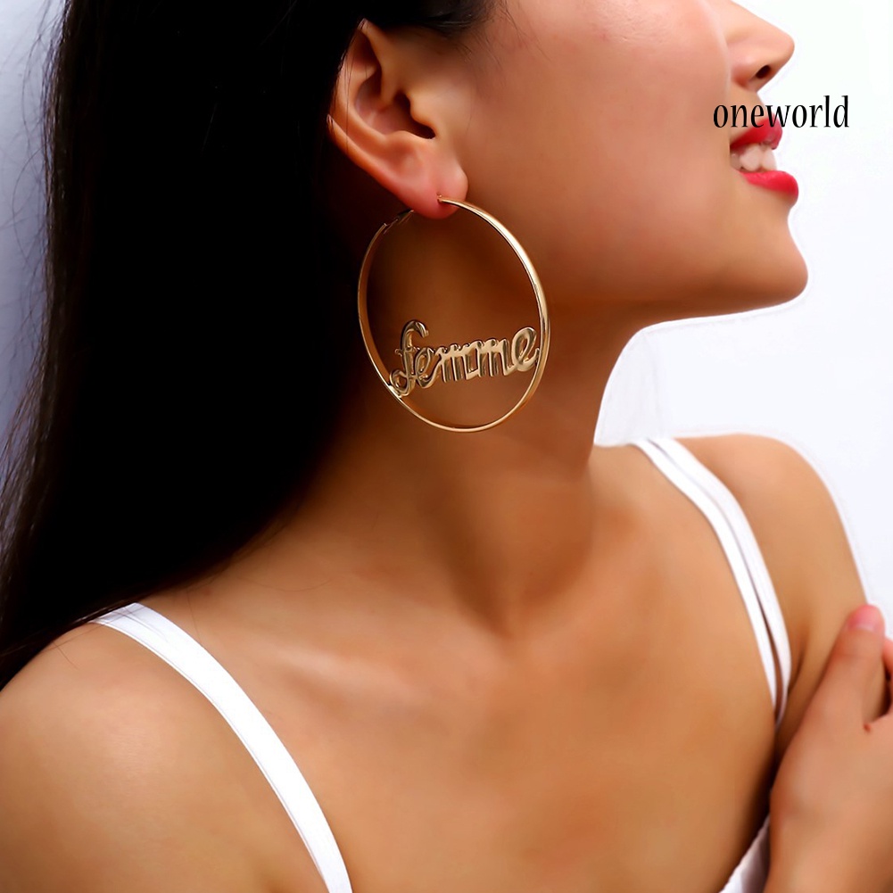 OW@ Women Geometric Femme Baby Letter Hollow Hoop Circle Earring Statement Jewelry