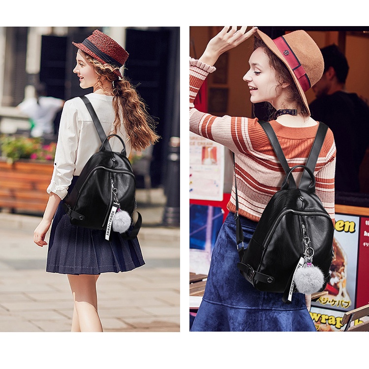 Satu7an T247 Tas Ransel Wanita Free Gantungan Pompom Style Tas Kerja Kuliah Backpack Cewek Tas Punggung Kulit PU
