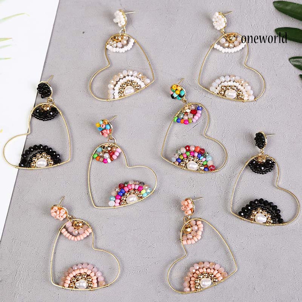 OW# Boho Women Beads Heart Big Hollow Dangle Ear Stud Earrings Party Club Earrings