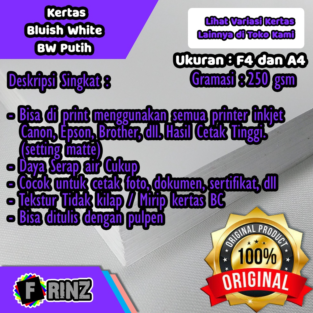

Kertas BW Bluish White 250 Gram F4 A4 Bluishwhite 250 Gsm