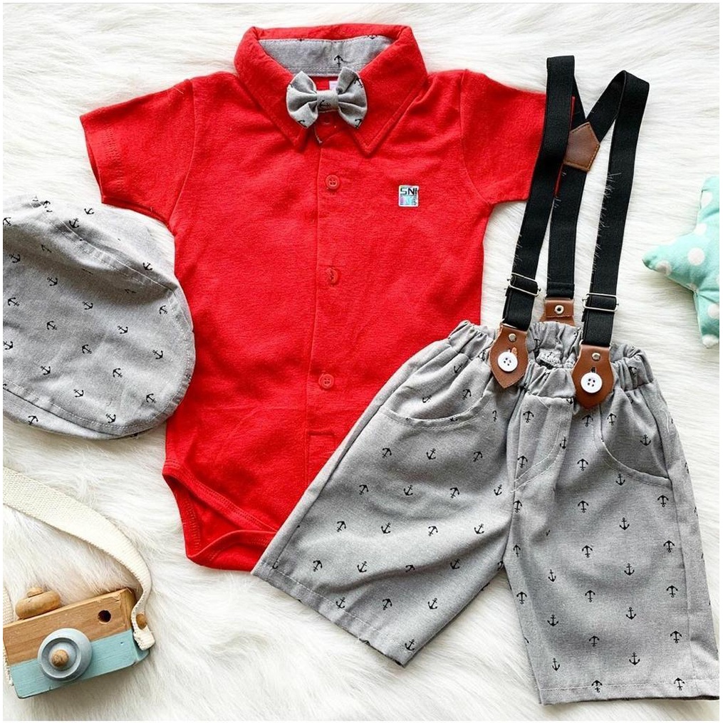 Setelan jumper celana suspender topi dasi motif bintik fashion anak bayi cowok laki baby boy -baw-RED, JANGKAR