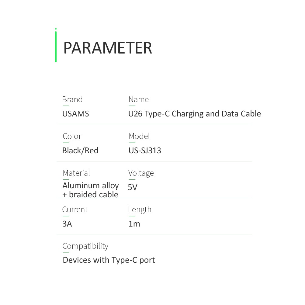 USAMS U26 Kabel Data Type C Fast Charging 3A LED Indikator