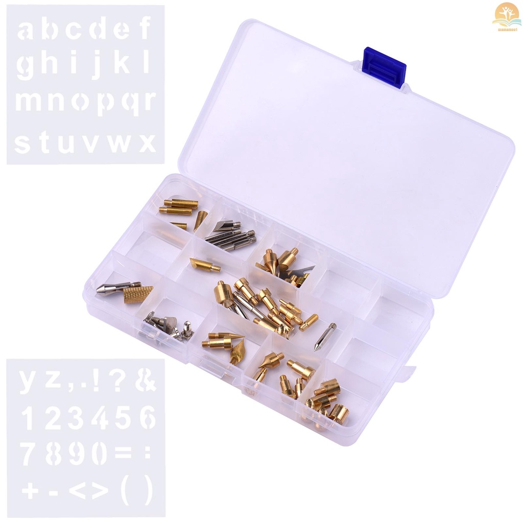 57pcs Wood Burning Pen Tips Set Woodburning Tool Accessories with Stencils Transparent Box for Pyrography Pen Wood Embossing Carving DIY Crafts