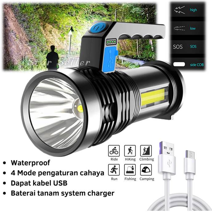 Senter LED Super Terang Rechargeable + COB Senter Led Jarak Jauh + COB MX-7501 4 MODE