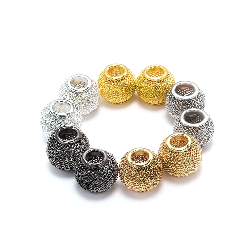 10pcs / Lot Manik-Manik Spacer Lubang Besar Warna Silver Bahan Metal Mesh Ukuran 10x12mm Untuk Gelang