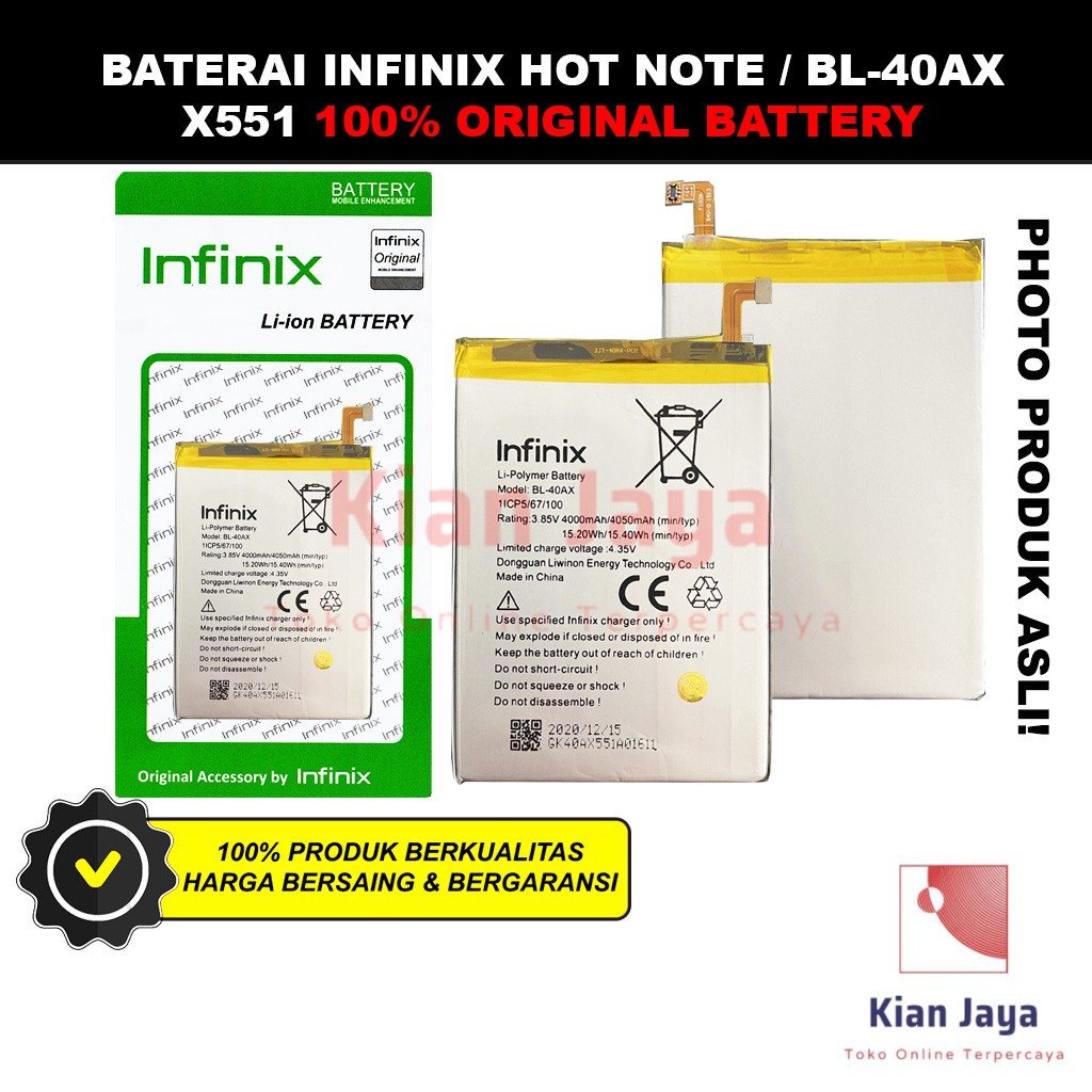 Baterai Infinix Hot Note X551 BL-40AX Batre Batrai Battery Hp BL40AX Original