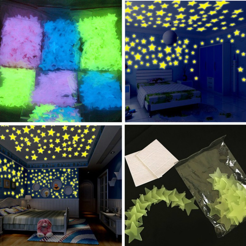 3d Multi-Warna Kamar DIY Rumah 50 Pcs Bintang Untuk Dekorasi Kamar Tidur Bintang Bercahaya Stiker Dinding Neon Plastik Warna-Warni Pembibitan Anak-Anak Glow in The Dark Plafon Dinding