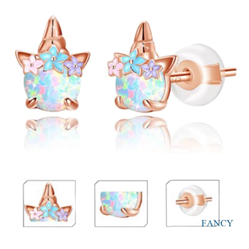 Anting Stud Hypoallergenic Desain Unicorn Opal Bahan 925 Sterling Silver Warna Rose Gold Untuk Wanita