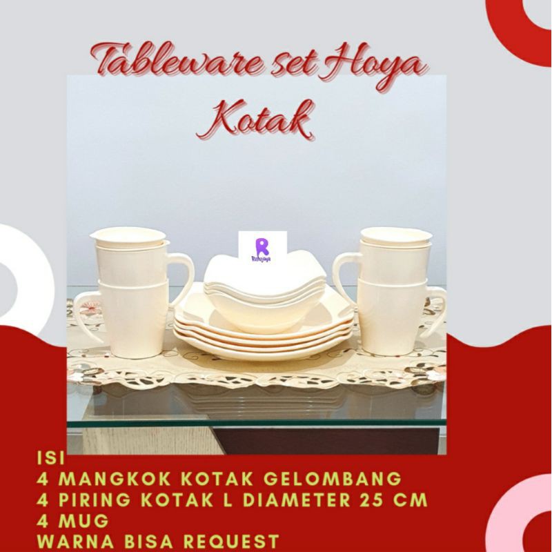 HOYA Tableware set Kotak (4 piring kotak L, 4 mangkuk kotak gelombang, 4 mug)