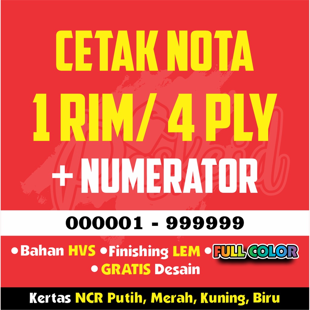 

1 RIM / 4 PLY CETAK NOTA/ Kwitansi/ Surat Jalan/ Bon/ Invoice/ Lainnya, Bahan NCR CARBON, FULL COLOR, NUMERATOR, PORPORASI