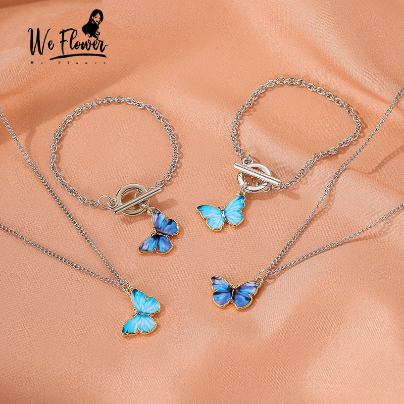 We Flower Classic Blue Butterfly Bracelet for Women Girls Adjustable Bangle Charm Neck Wrist Chain Jewelry