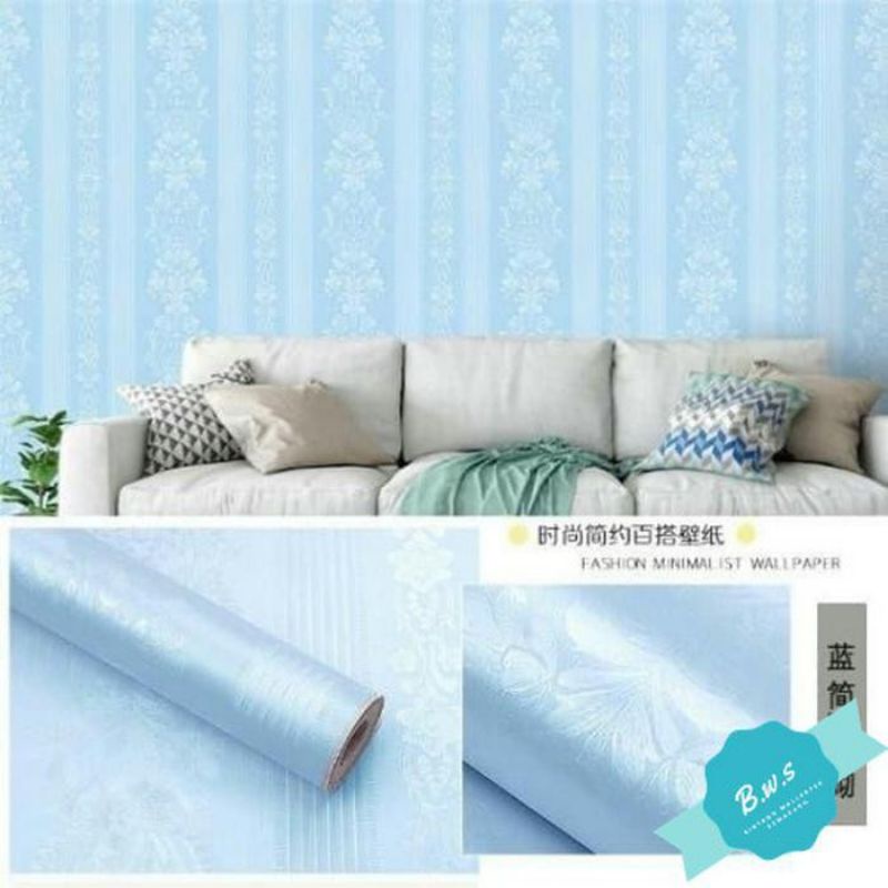 ( BELI 4 GRATIS 2 )Terlaris Wallpaper Sticker Wallpaper Dinding Ruang Tamu Motif Polos | Putih Salur Bunga | Cream | Abu Ungu Kuning Hijau Coklat Merah Pink Biru Batik Bunga Kembang Batu Bata 3D Kotak Segitiga Minimalis Garis Emas Tua Muda Murah-Biru Salur Bunga