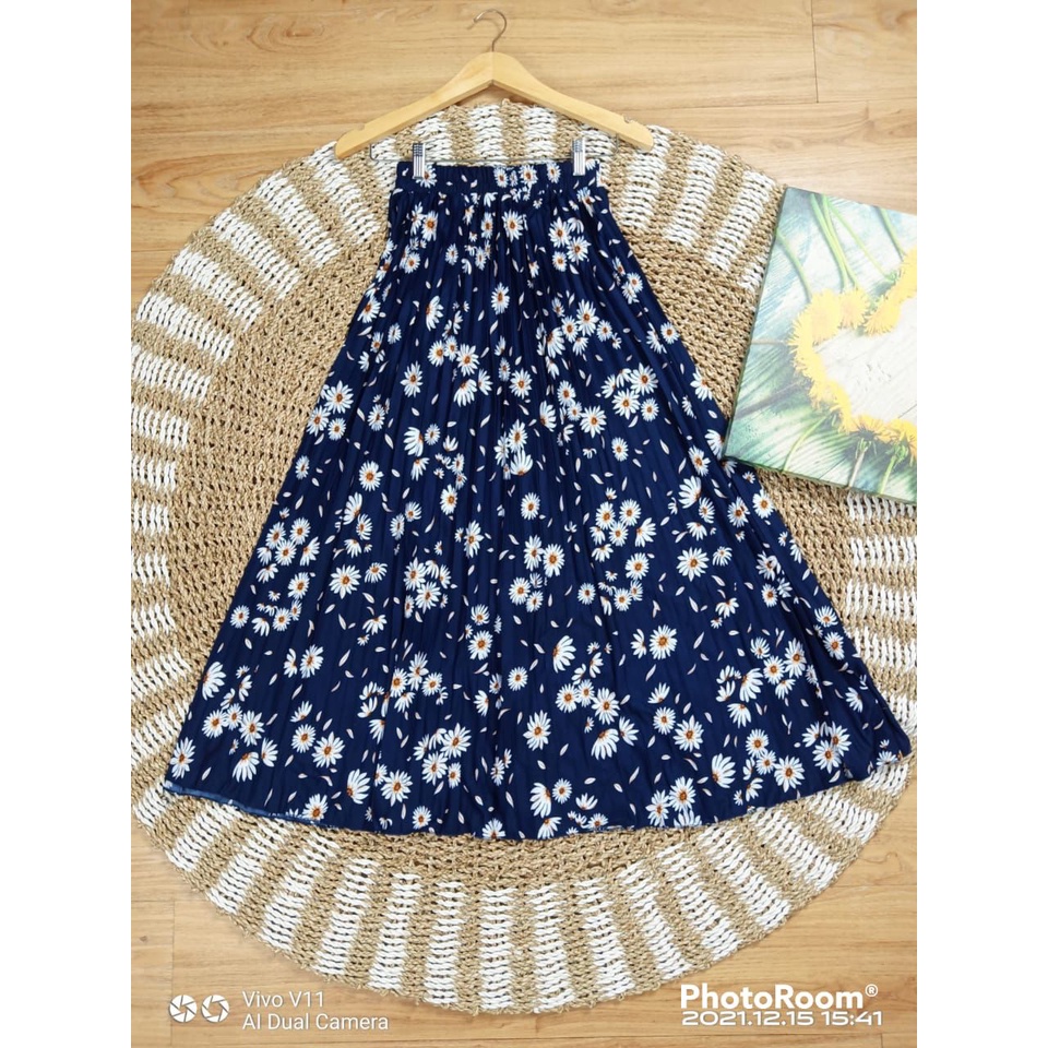 GS-ROK PLISKET DAISY PREMIUM / LILY DAILY PREMIUM /ROK PLISKET PANJANG/ROK PLISKET MOTIF BUNGA-MATAHARI NAVY