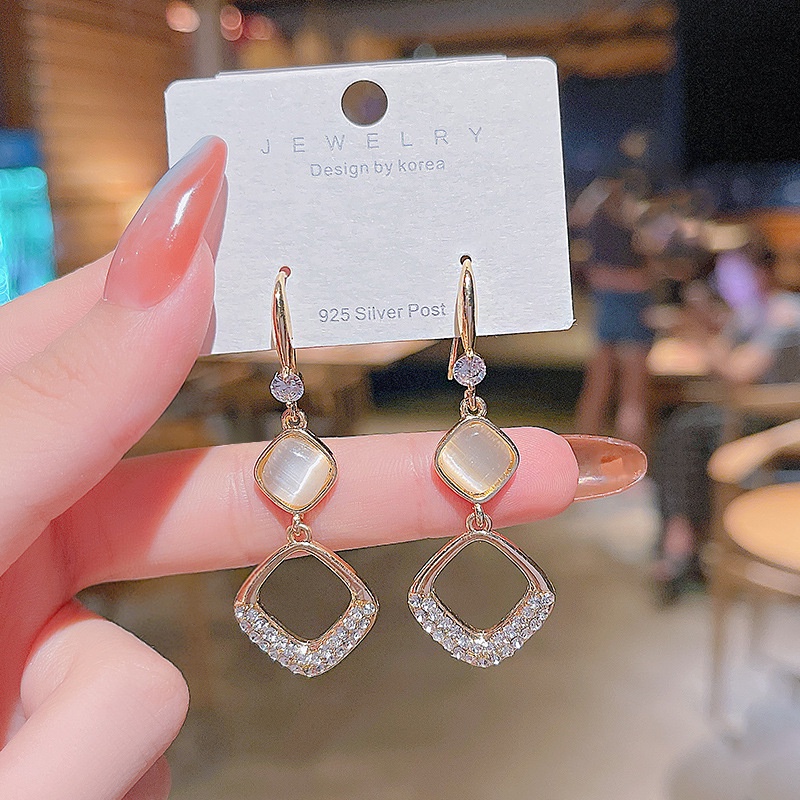 Shuling S925 Silver Needle Korean version Diamond-shaped Opal Earrings Female Super Fashion Earrings