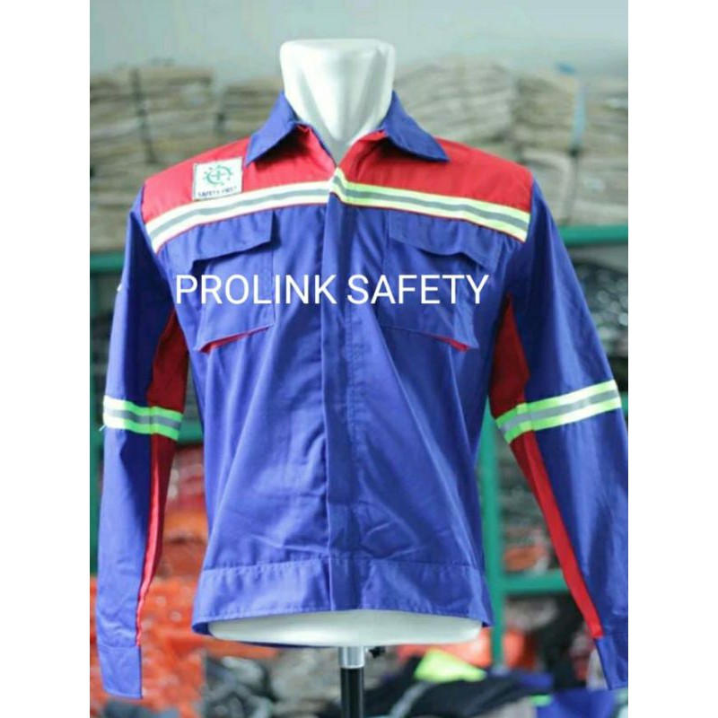 BAJU SAFETY FREE LOGO BORDIR K3 BENDERA MERAH KOMBINASI BIRU KAIN DRILL ATASAN SCOTLIGHT HIJAU WEARP