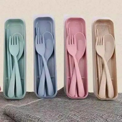 Sendok set Jerami 3 in 1 Alat makan Souvenir Travel potable serat gandum - Random warna