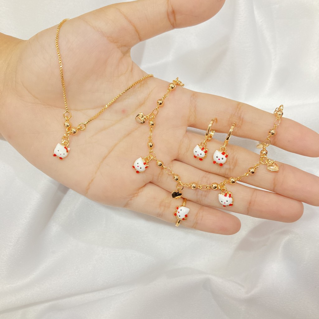 Set Perhiasan Anak Kalung Gelang Cincin Anting Cat Merah Lapis Emas