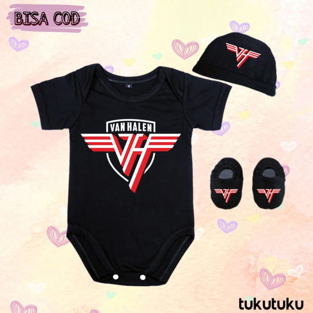 Set 3 in 1 Jumper Bayi Band Topi Kupluk dan Sepatu Newborn Jumpsuit Lucu Band Hard Rock Van Halen