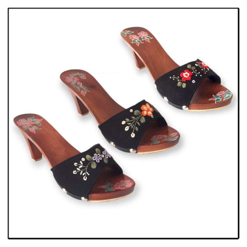 [ORIGINAL SANDAL KAYU] Sandal Wanita Heels, Sendal Kayu Wanita Sandal Bakiak Kayu Wanita Slop Sulam
