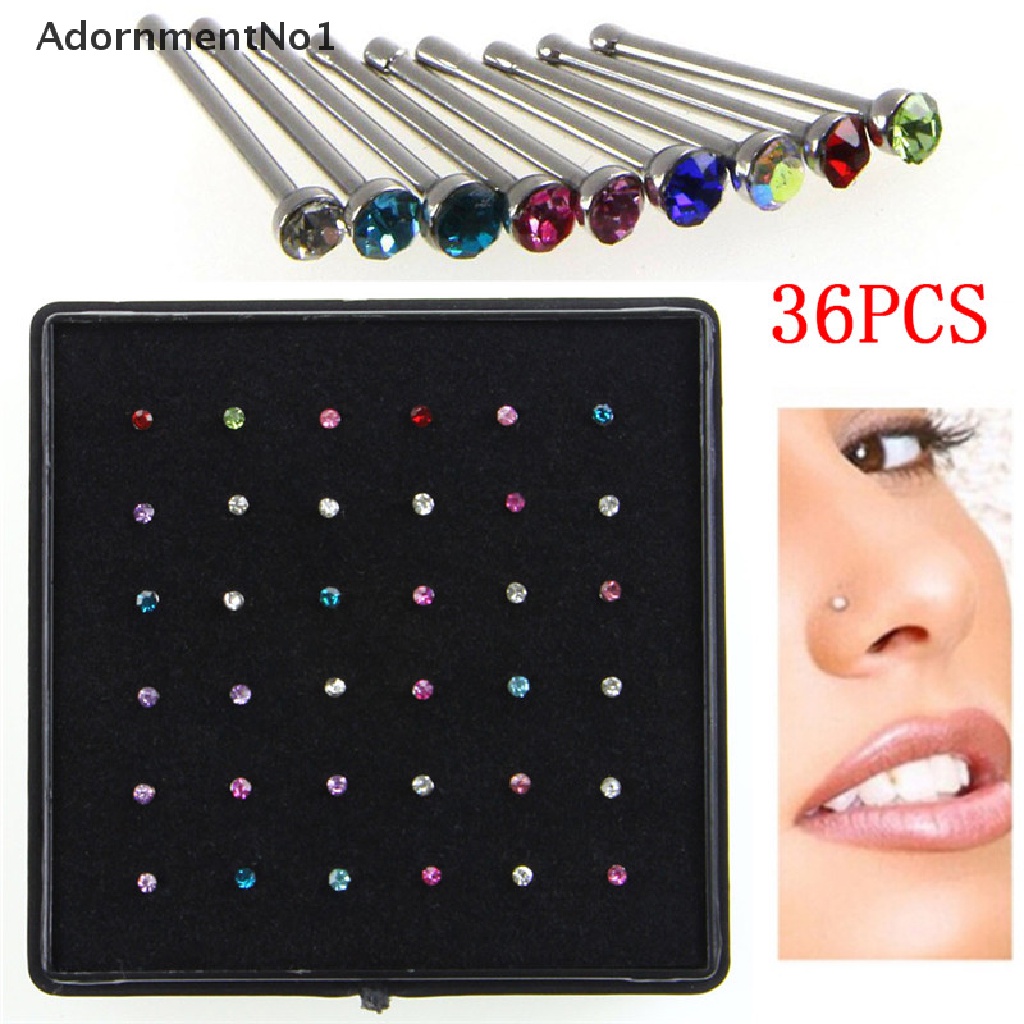 (AdornmentNo1) 36pcs / Set Cincin Tindik Hidung / Tubuh Bahan Stainless Steel Hias Kristal / Berlian Imitasi Untuk Wanita