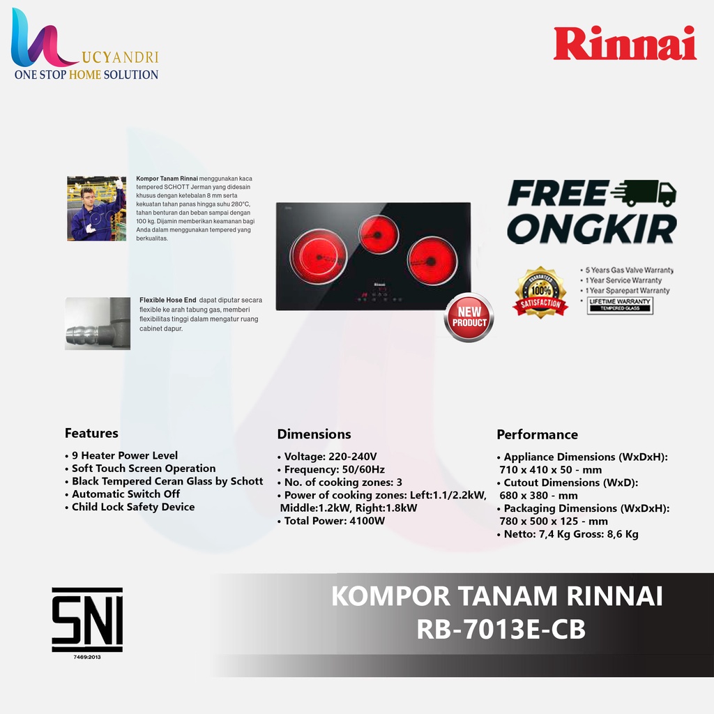 kompor tanam listrik induksi 3 tungku RINNAI RB 7013E CB FREE ONGKIR