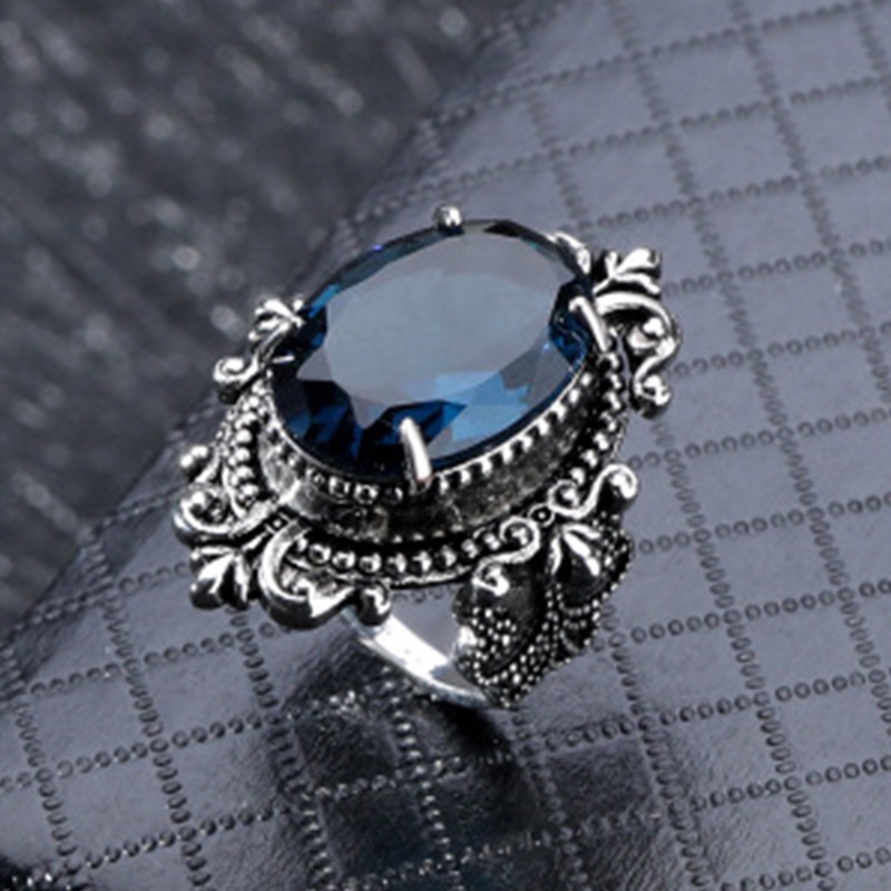 Cincin Silver Antik Hias Batu Topaz Biru Laut Bentuk Oval Bahan Stainless Untuk Aksesoris