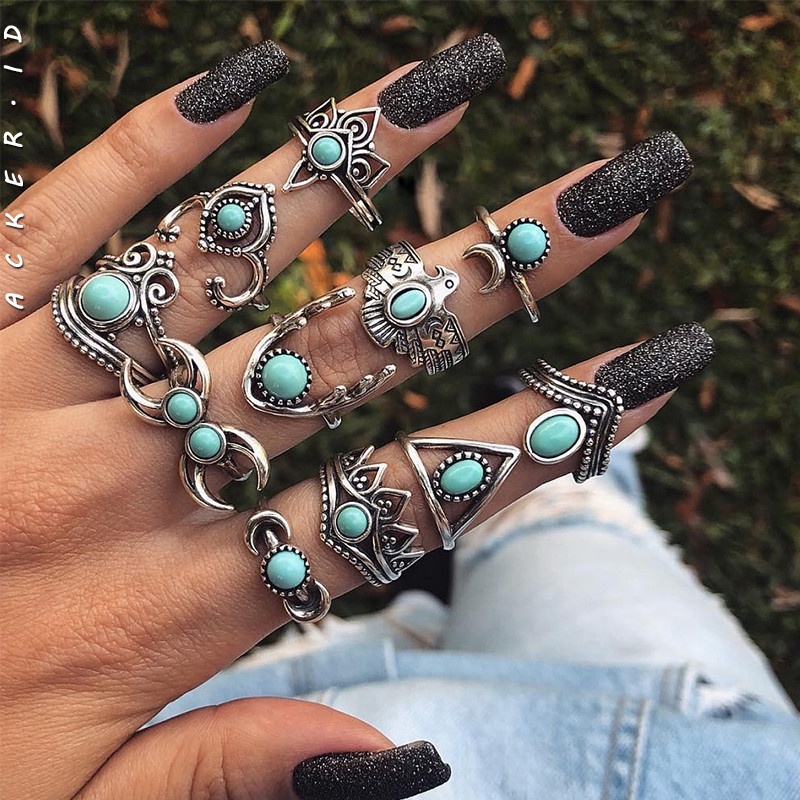 11pcs / Set Cincin Bentuk Burung Hantu Bulan Sabit Turquoise Gaya Bohemian Untuk Wanita