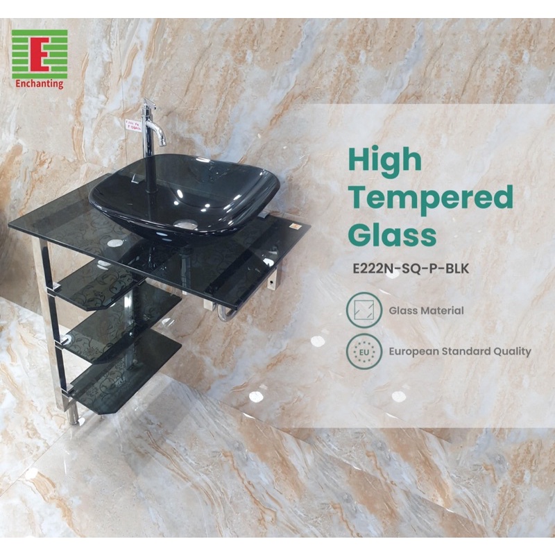 Wastafel Kaca Europe Enchanting High Tempered Glass E222N-SQ-BLK