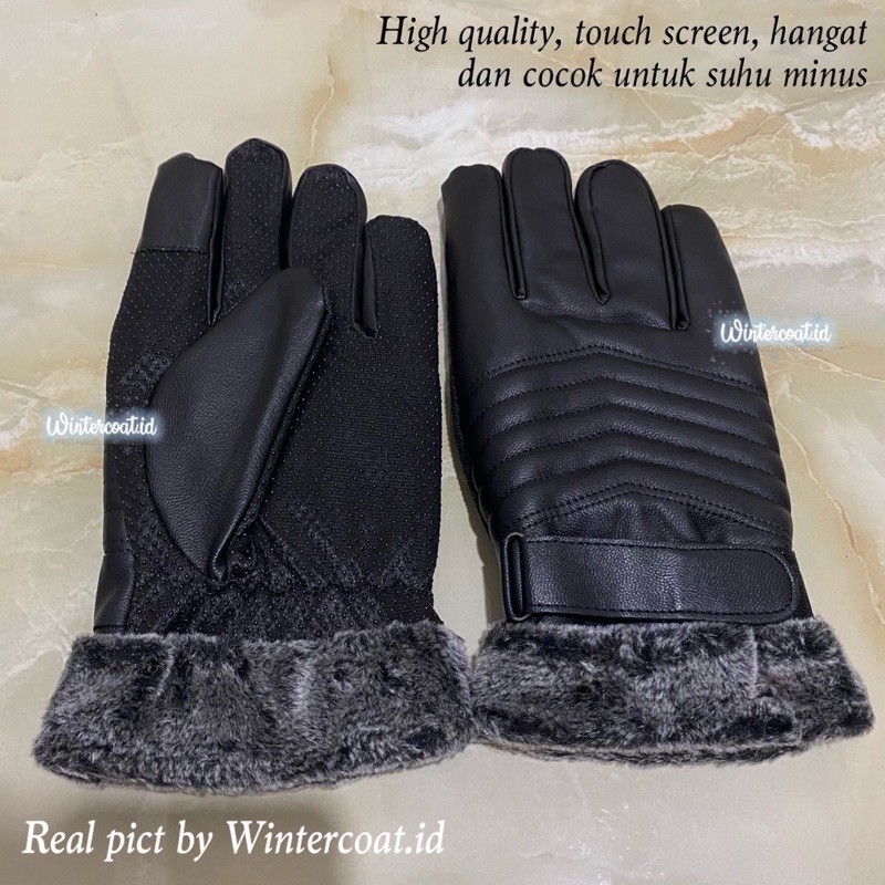 Sarung tangan winter pria gloves hangat musim dingin touchscreen kulit leather hitam black MEN