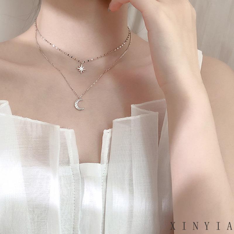 Kalung Rantai Double Layer Bentuk Bulan Bintang Untuk Wanita