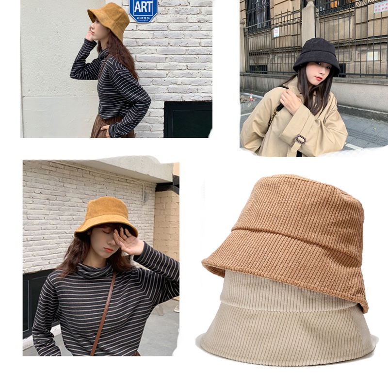 Topi Nelayan Bahan corduroy Warna Murni Gaya Korea Untuk Wanita