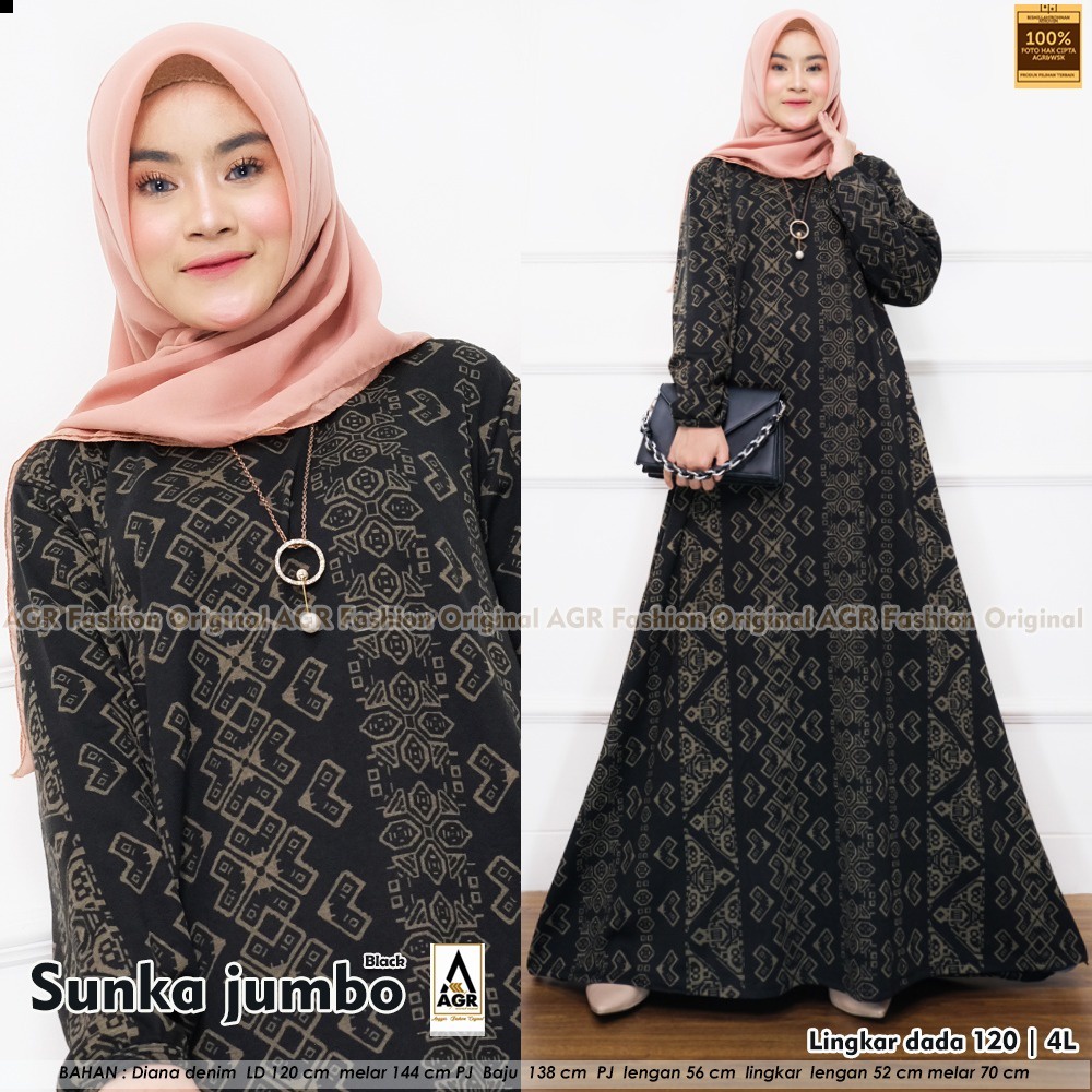 SUNKA JUMBO GAMIS ld 120cm tribal PREMIUM dress MUSLIM fashion lebaran diana denim ORIGINAL style